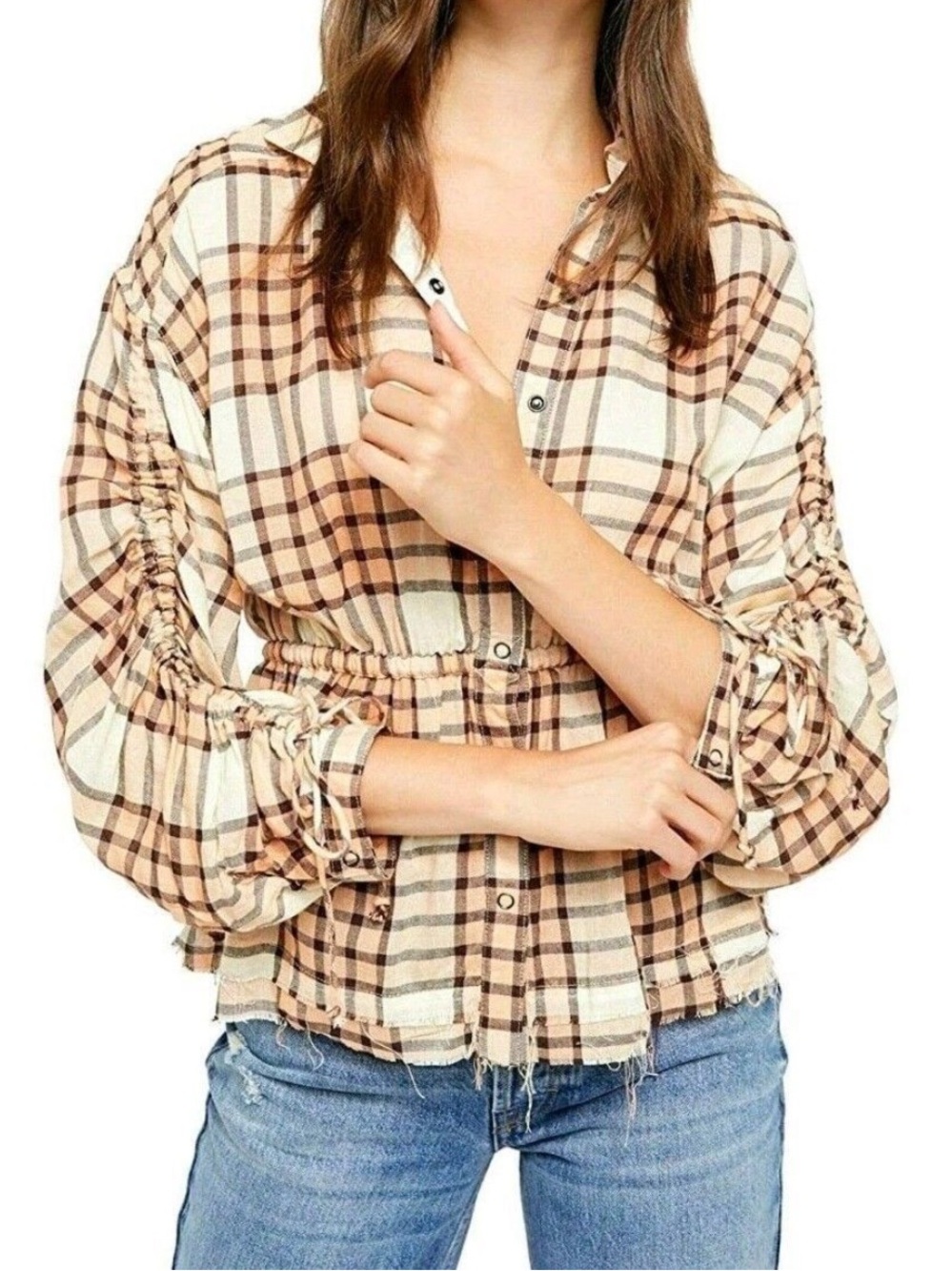 NWT Free People Plaid Drawstring Peplum Shirt in Muted orange and Cream